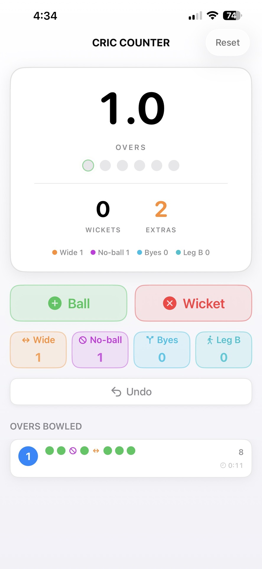Cric Counter after one over, showing a wide and a no-ball in the over history