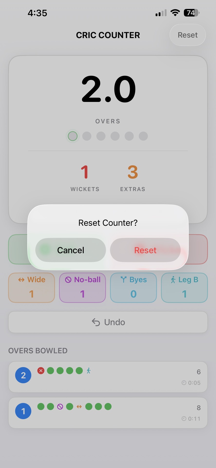 Reset confirmation dialog